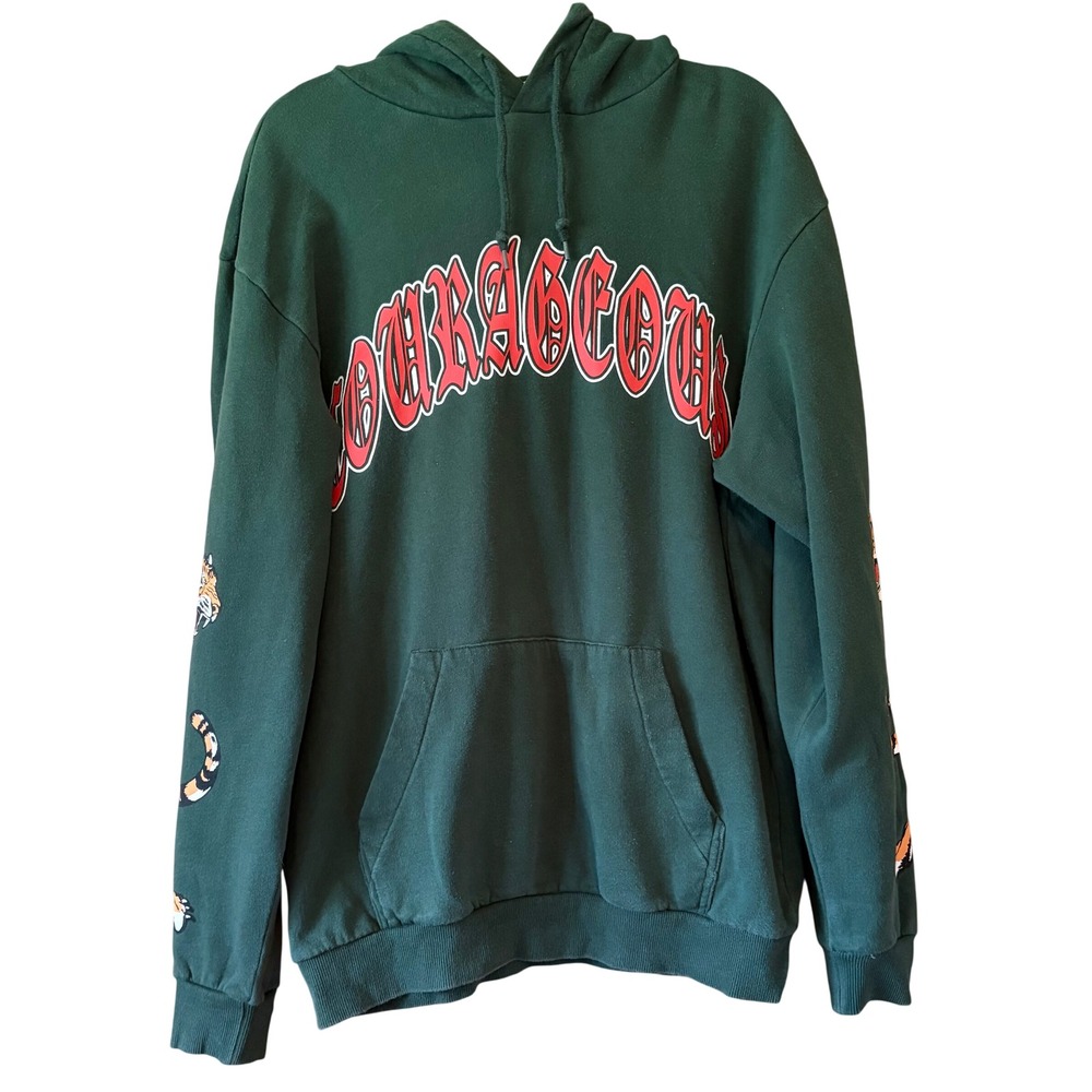 H&M Divided Green Hoodie Graphic Tiger‎ Courageous Pullover Mens Size Small